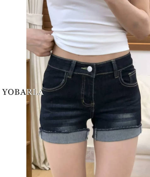 深蓝色牛仔短裤女夏季薄款大码胖mm显瘦梨形身材