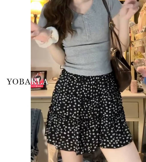 黑色碎花蛋糕短裙女高腰大码夏季胖mm遮肚