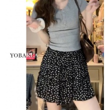 黑色碎花蛋糕短裙女高腰大码夏季胖mm遮肚