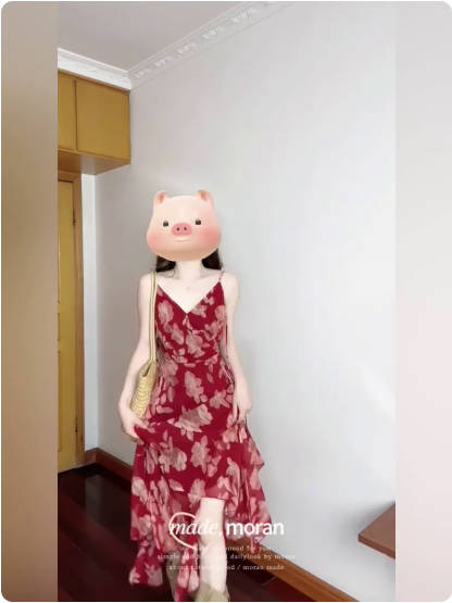 夏日绝美新款显白复古红色连衣裙不规则碎花吊带裙子女度假风长裙