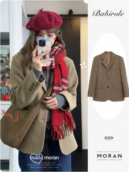复古美拉德风棕色西装外套气质毛呢加厚呢子西服大衣短款秋冬新款